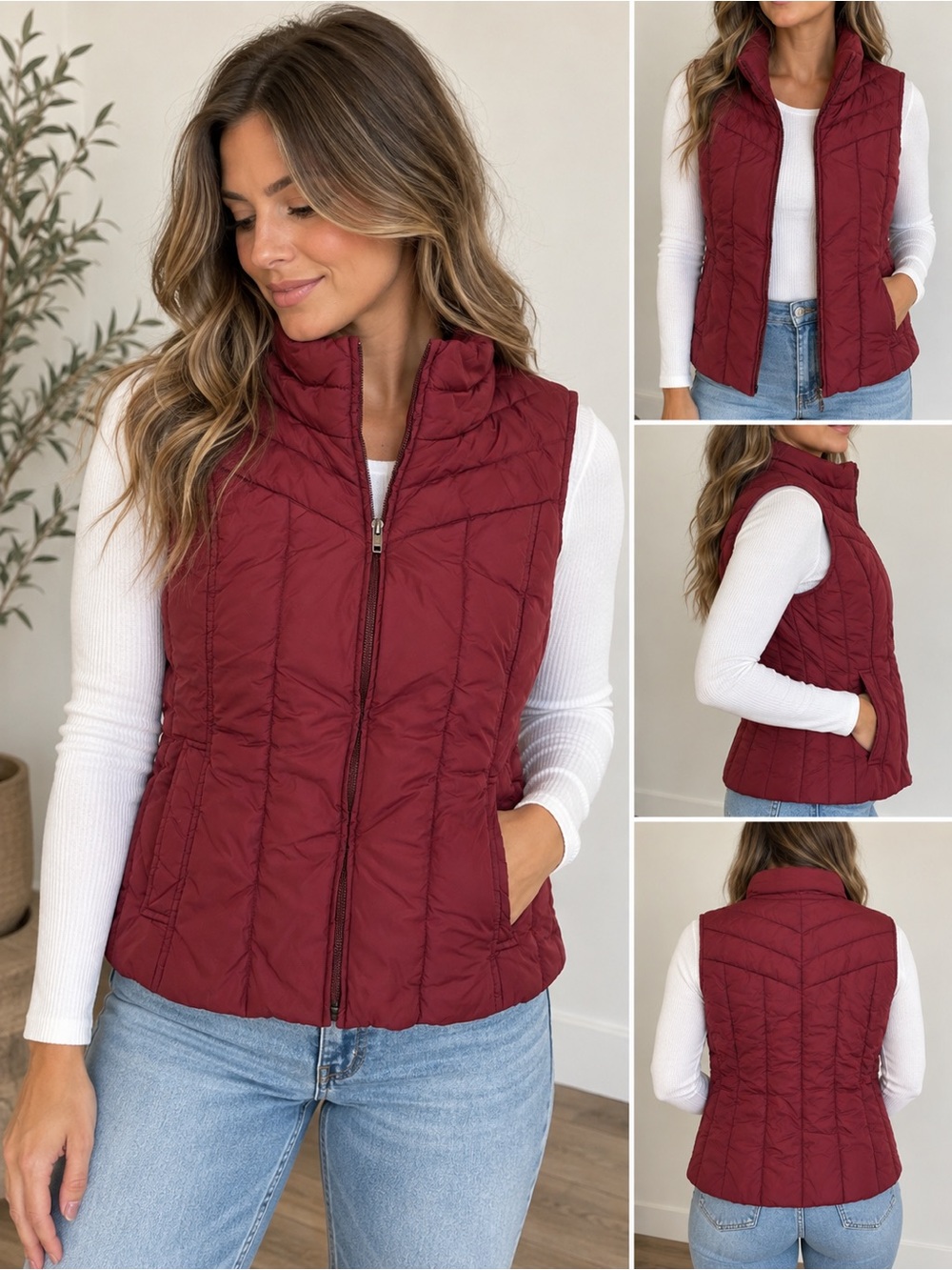 Halogen Quilted Puffer Vest in Burgundy